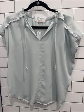 LOFT Light Sage Tie-Front Ruffle Sleeve Blouse
